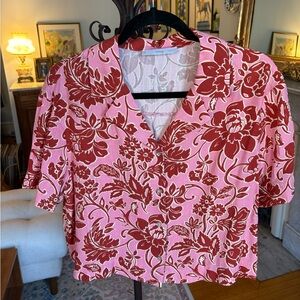 Mango Pink and Red Floral Camp Collar Blouse